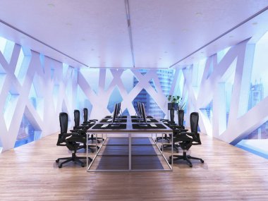 Geometrik pencereli, şık mobilyalı, panoramik şehir manzaralı ve ferah bir atmosferi olan fütüristik bir ofis odası. 3d hazırlayıcı