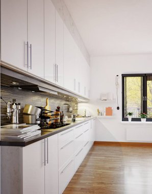 modern İskandinav tarzı mutfak iç. 3d render tasarımı