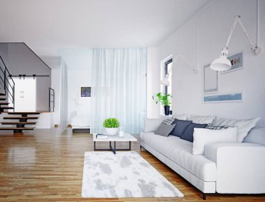 Modern iç İskandinav tarzı oturma odası tasarımı. 3d render konsepti