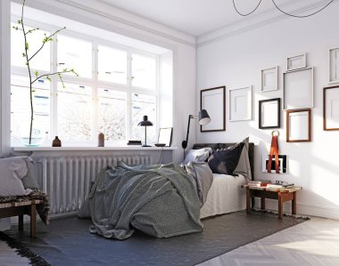 İskandinav tarzı yatak odası iç. 3d render konsept tasarımı