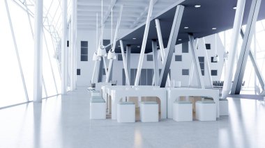 Gösterişli, minimalist bir tasarımı olan bir ofis konferans odası, geniş cam pencereli, boşluğu ışıkla dolduran. 3 Boyutlu Hazırlama
