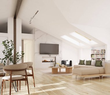 Modern mobilyaları ve doğal ışığı olan parlak, minimalist bir oturma odası. 3d hazırlayıcı