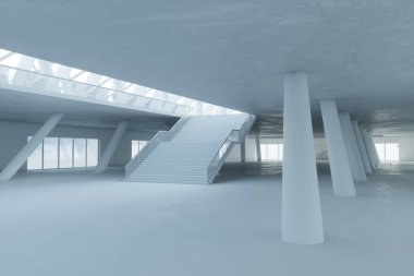 Geometrik sütunları ve yumuşak ışıkta geniş bir merdiveni olan minimalist iç mekan. 3d hazırlayıcı