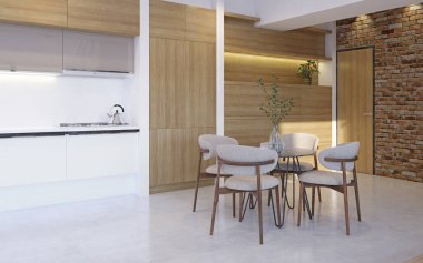 Minimalist ahşap aksanlı modern yemek alanı, tuğla duvar, rahat sandalyeler, yuvarlak masa ve parlak ışıklandırma. 3d hazırlayıcı