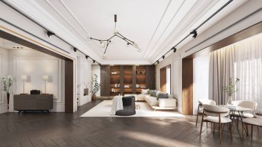 Modern mobilyaları, sıcak ışıklandırması ve ahşap zemini olan zarif bir oturma odası. 3d hazırlayıcı