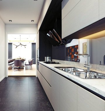 modern mutfak iç tasarım. 3D render kavramı