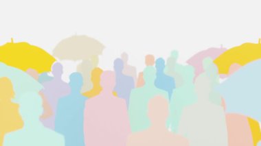 Şemsiyeli, soyut ve dinamik insanların renkli siluetleri. 3d hazırlayıcı