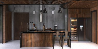 Modern industrial-style kitchen with wood and metal finishes. 3d render clipart