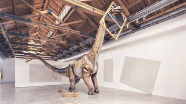 Dinosaur in an art gallery with wooden beams and industrial design. 3d render clipart