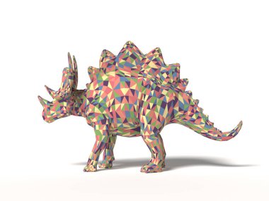 Poly Stegosaurus beyaz bir arka planda duruyor, görkemli görünüyor. 3 Boyutlu Hazırlama