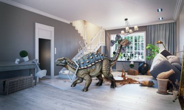 Modern bir oturma odasında kaosa yol açan bir dinozor. Mobilyaları, dağınık nesneleri ve şık bir iç mekanda hasarlı bir merdiveni var. 3d hazırlayıcı