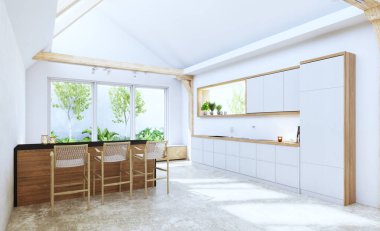 Geniş pencerelerden içeri ışık saçan çağdaş, açık bir mutfak. 3d hazırlayıcı