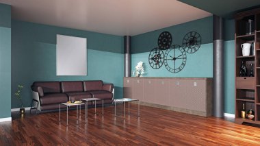 Modern oturma odası iç tasarımı. 3d yorumlama kavramı