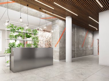 Fabrikaları ve endüstriyel tasarım unsurları olan modern ofis resepsiyon alanı. 3d hazırlayıcı