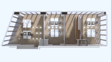 Camdan bölümler ve doğal ışık ile modern ofis içi. 3d hazırlayıcı