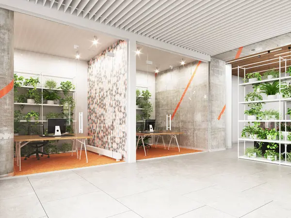 Fabrikaları, cam bölmeleri ve endüstriyel tasarımı olan modern bir ofis. 3d hazırlayıcı