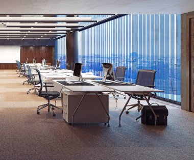 Modern ofis iç tasarım konsepti. 3d hazırlama tasarımı