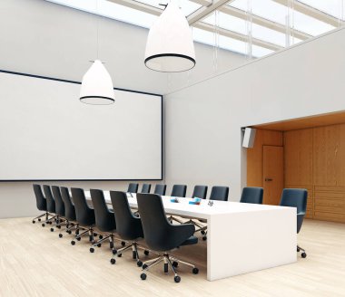 Çağdaş ofis konferans salonu iç mimarisi. İş konsepti tasarımı. 3d görüntüleme fikri
