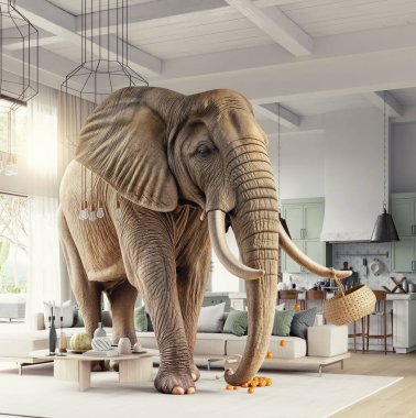 Modern bir oturma odasındaki fil, şık dekorlu... 3 boyutlu.