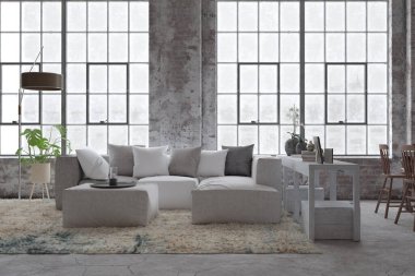 Geniş pencereli ve rahat koltuklu modern oturma odası... 3 boyutlu.