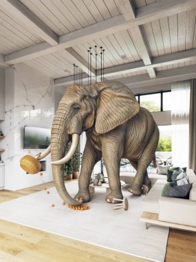 Modern bir oturma odasındaki fil, şık dekorlu... 3 boyutlu.