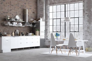 Tuğla duvarı, beyaz dolapları ve yemek odası olan şık bir mutfak. 3B görüntüleme.