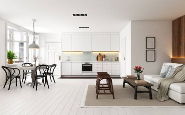 Modern, minimalist mutfak ve beyaz dekorlu ve ahşap aksanlı oturma odası. 3d hazırlayıcı