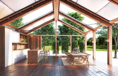 Ahşap kirişleri ve ip lambaları olan açık bir mutfak ve yemek salonu. 3d oluşturma