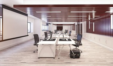 Modern ofis iç tasarım konsepti. 3d hazırlama tasarımı