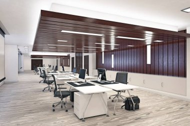 Modern ofis iç tasarım konsepti. 3d hazırlama tasarımı