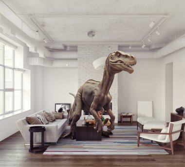 Modern bir oturma odasında renkli halısı olan bir dinozor. 3d oluşturma