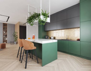 Asılı bitkileri ve modern aletleri olan yeşil ve gri bir mutfak. 3d hazırlayıcı