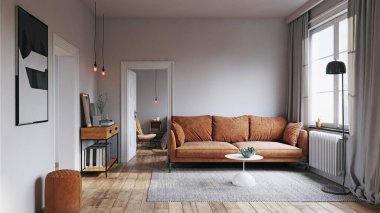 Kahverengi kanepesi, ahşap zemini ve modern dekoru olan rahat bir oturma odası. 3d hazırlayıcı
