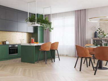 Toprak tonları ve yeşil bitkilerle modern bir mutfak ve yemek alanı. 3d hazırlayıcı