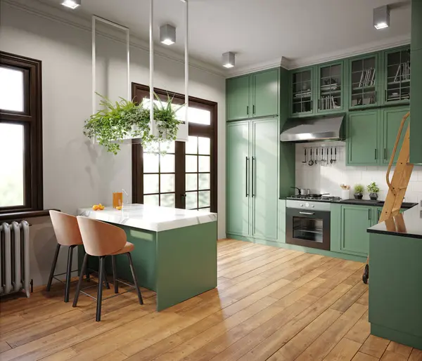 Beyaz tezgahlı yeşil mutfak, asılı bitkiler ve tahta merdiven. 3d hazırlayıcı