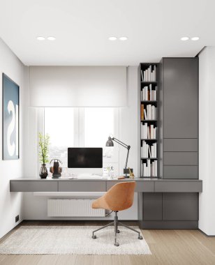Duvar masası, kitaplığı ve pencere ışıklandırması olan modern bir ofis. 3d oluşturma.
