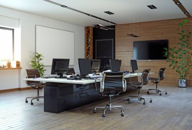 Modern ofis iç tasarım konsepti. 3d hazırlama tasarımı