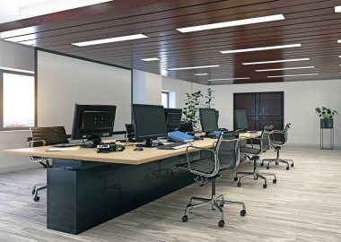Modern ofis iç tasarım konsepti. 3d hazırlama tasarımı