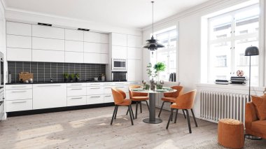 Modern beyaz mutfak, doğal ışıklandırma ve turuncu sandalyeler. 3d oluşturma.