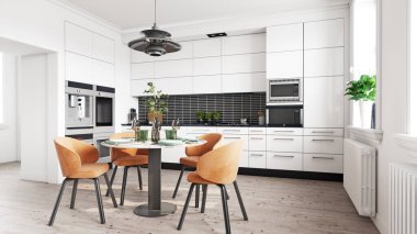 Minimum beyaz mutfak, ahşap mobilyalar ve kolye ışığı. 3d oluşturma.