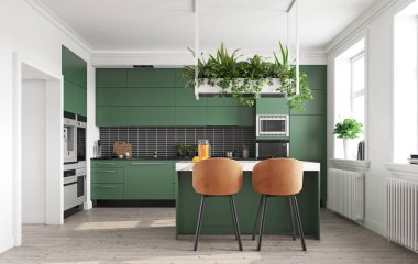 Ahşap sandalyeler ve tavan bitkileriyle süslü yeşil kiremitli mutfak. 3d oluşturma.