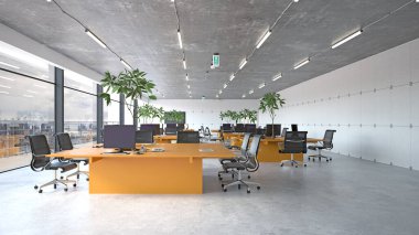 Turuncu masaları ve kapalı salonda bitkileri olan geniş bir ofis. 3d oluşturma.