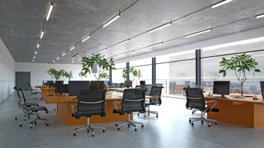 Boş ofis düzeni, sandalyeler, masalar ve yeşil bitkiler. 3d oluşturma.