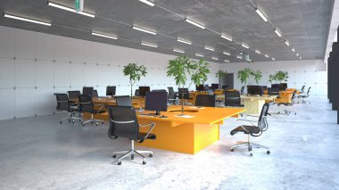 Turuncu masalar ve doğal ışık içeren çağdaş ofis alanı. 3d oluşturma.