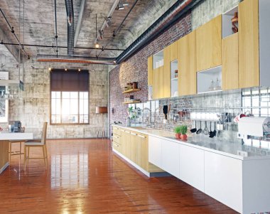 Merkezi beyaz ada ve tuğladan oluşan geniş bir mutfak. 3d oluşturma.