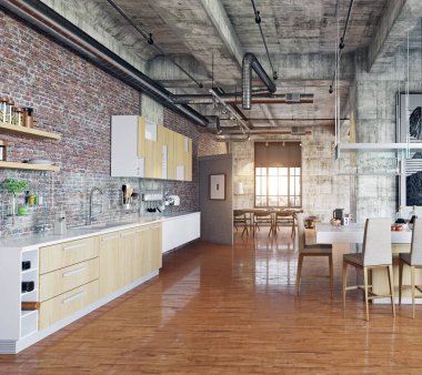 Tuğladan duvarlar ve ortam ışıklarıyla dolu samimi bir mutfak. 3d oluşturma.