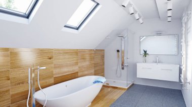 Parlak tavan arası banyosunda tavan penceresi ve ahşap duvar tasarımı var. 3d oluşturma.