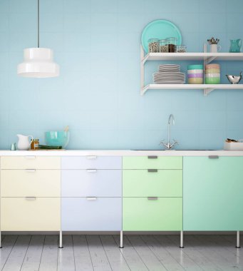 Canlı pastel dolaplar yaratıcılığı ve neşeli yaşam tarzını gösteriyor..