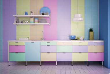 Yumuşak ışıklandırılmış pastel mutfak, sıcak ve huzurlu ev yapımı 3D 'yi anımsatıyor..