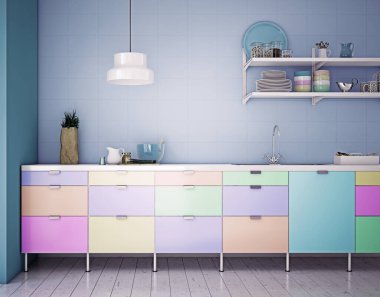 Parlak mutfak rafları organizasyon ve hayat dolu 3D görüntüleme öneriyor..